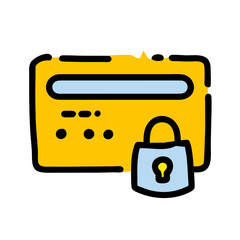 Credit card with lock icon in cartoon style, yellow and blue, secure payment and finance