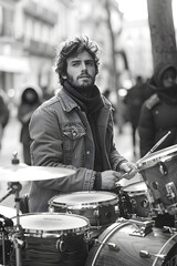 A man in a jacket is playing drums in front of a crowd