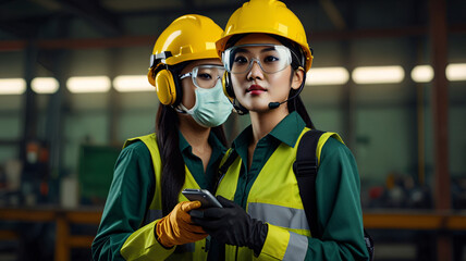 Wall Mural - employee hardhat lady yellow industry factory worker woman wears helmet mask glasses headphone