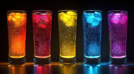 Poster -   A row of tall glass vases filled with diverse liquids and ice on a polished surface against a dark backdrop