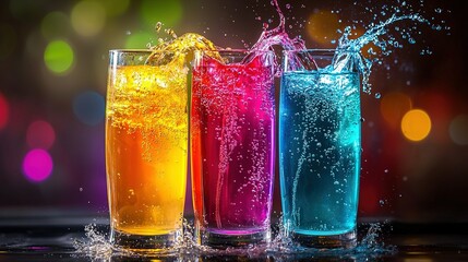  Three glasses filled with colored liquid on a wooden table near a colorful wall with bouncy lights