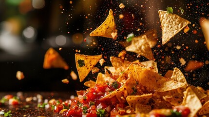 Wall Mural -   A tower of tortilla chips topped with juicy tomatoes and crunchy green peppers