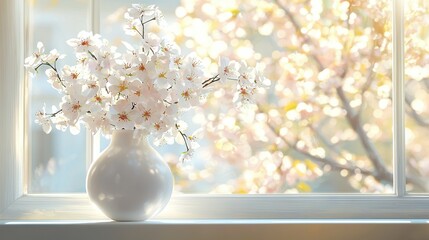 Wall Mural -   A white vase brimming with white blossoms rests atop a window ledge beside another