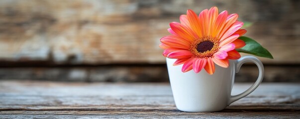 Wall Mural - Gerbera daisy in white mug on wooden