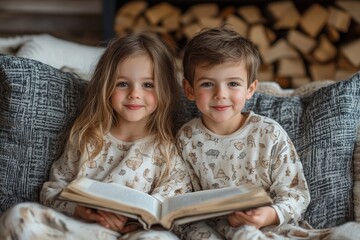 Wall Mural - Two siblings in pajamas with book, sister kiss brother, funny emotions huge home, Generative AI