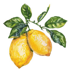 Two ripe yellow lemons with green leaves on a branch, isolated on white background.