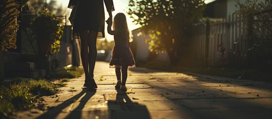 little girl walking hand in hand with her mother