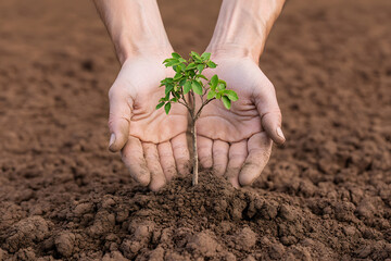 hands nurturing a tree growing on parched earth, environmental conservation and reforestation effort