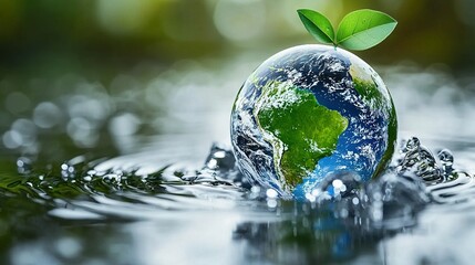 Wall Mural -   A close-up of a water drop with a green leaf emerging from its surface