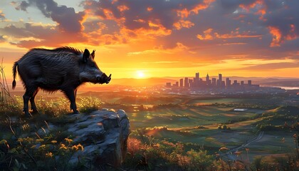 Wall Mural - Wild Boar atop Urban Skyline at Sunset Highlighting Natures Return to City Life