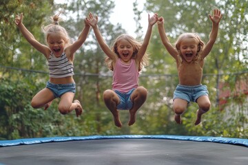 Wall Mural - Little Kids Jumping and Hopping On Trampoline at Sunny Summer Day. Friends Celebrate Party, Having Fun On Weekend, Generative AI