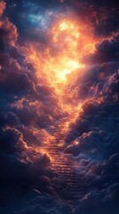 Wall Mural - ethereal stairway ascending through clouds towards radiant light symbolizing spiritual journey and enlightenment soft dreamlike atmosphere with hints of gold and celestial blue