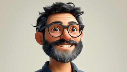 Wall Mural - Cheerful 3D Cartoon Character of Smiling Bearded Man in Glasses, Emphasizing Friendly Expression and Positive Vibes