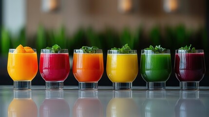 Sticker -   A row of colorful glasses filled with various juices and adorned with green garnishes