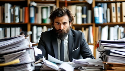 Wall Mural - Burdened Businessman Surrounded by Stacks of Papers and Books, Illustrating Work Stress and Burnout Amidst Intense Professional Pressure