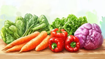 Fresh organic vegetables, assorted on wooden table, D illustration