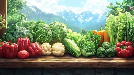 Fresh organic vegetables, assorted on wooden table, D illustration