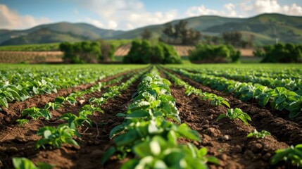 Lush green vegetable field in rural landscape with distant hills under a bright blue sky