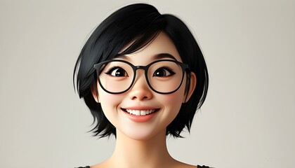 Wall Mural - Cheerful 3D Cartoon of Happy Young Asian Woman with Short Black Hair and Glasses on Light Background