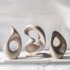 three contemporary abstract stone sculptures with light and natural colors