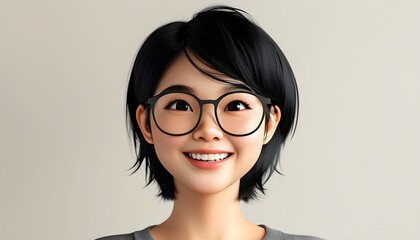 Wall Mural - Cheerful 3D Cartoon of Happy Young Asian Woman with Short Black Hair and Glasses on Light Background