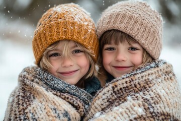 Wall Mural - Two smiling brothers hugging each other covered with a warm blanket on a winter day, Generative AI