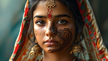 Contemplative 3D Portrait of Indian Young Woman in Traditional Attire with Intricate Mehndi, Expressing Serenity in a Cultural Digital Art Illustration