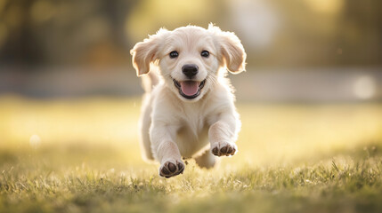 A playful Labrador Retriever puppy runs joyfully across a grassy field on a sunny day, showcasing excitement and energy.