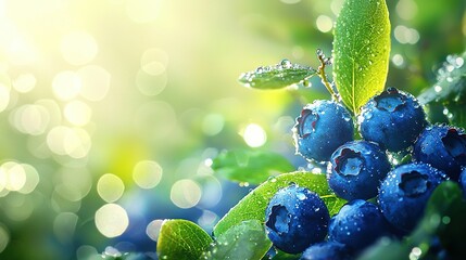 Wall Mural -   A photo of blueberries with droplets of water and a green leaf in the foreground