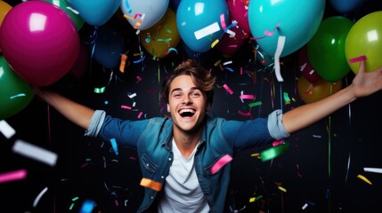 A joyful young man celebrates with colorful balloons and confetti, arms wide open against a dark background.