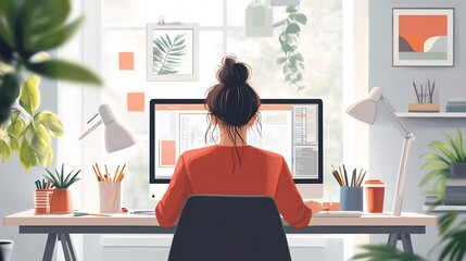 Woman working at her desk with a computer, surrounded by plants and art.