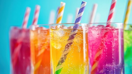 Poster -   Colorful drinks in a row on blue background with straws