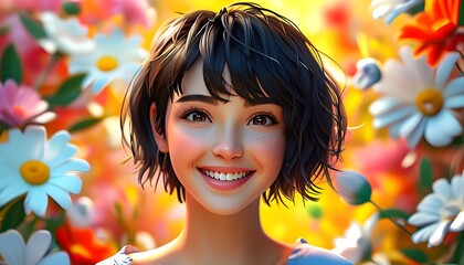 Wall Mural - Joyful Cartoon Character with Short Hair in Bright Floral Background, Radiating Positive Vibes and Happiness in Digital Art Illustration