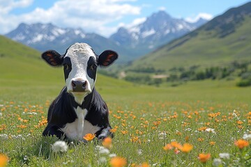 Wall Mural - Cow in a Field of Flowers