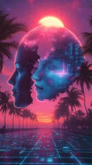 Digital faces in a neon-lit futuristic landscape with palm trees