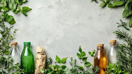 Poster -   Bottles stacked on green-covered table with wall-side plant growth