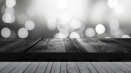 Empty black wooden countertop and clean white bokeh wall background.