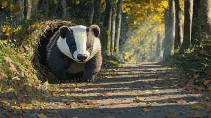 Canvas Print -   A badger painting on a road amidst fallen leaves and towering trees