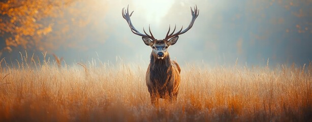 Canvas Print - Majestic Red Deer Buck in Golden Autumn Meadow