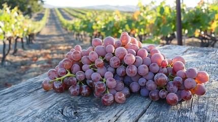 Sticker -   Grapes resting on table, next to greener ones in vineyard