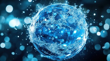 A Splashing Orb of Water with Blue Bokeh Background