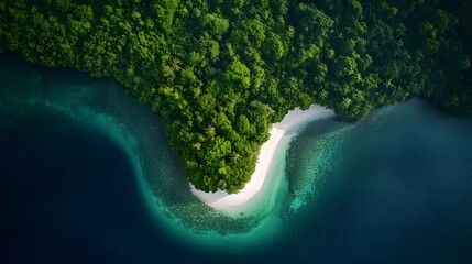 Poster - A serene aerial stock photo of a crescent-shaped tropical island with a calm lagoon.