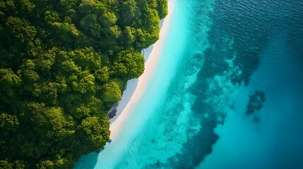 Sticker - A stunning aerial stock photo of a tropical island with crystal-clear turquoise waters and pristine white sand beaches.