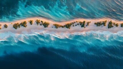 Poster - A striking aerial stock photo of a tropical island chain with each island connected by a thin strip of sand.