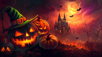 Wall Mural - Fondo de halloween con calabaza iluminada y ambiente de terror