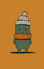 Cactus in Winter Clothes. Cute Illustration of Desert Plant in Cold Weather.