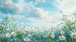 © Ace64 Studio - Beautiful field meadow flowers chamomile blue wild peas in morning against blue sky with clouds nature landscape close-up macro. wide format copy space. delightful pastoral airy artistic image.