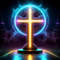 Wall Mural - Cross neon light, on a dark background