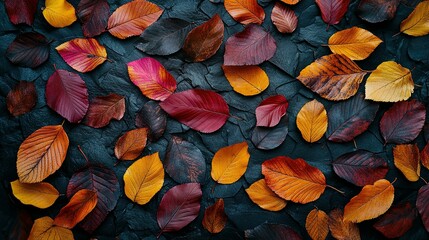 Sticker - Colorful Autumn Leaves Scattered on Dark Slate