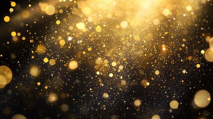 Background with falling golden glitter particles. falling gold confetti with magic light. beautiful light background.